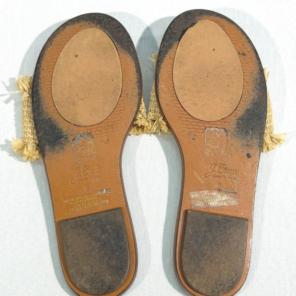 J.Crew Sorrento Raffia Fringe Slide Sandals Tan Brown Leather Size 8‎